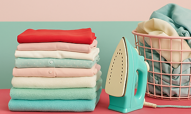 Neatly folded ironing with retro iron