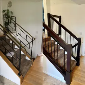 Before and after transformation of an iron rod railing to a modern maple railing in a residential staircase.