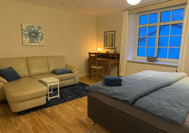 Gemütliches Einzelzimmer mit Bett, Sofa und Schreibtisch