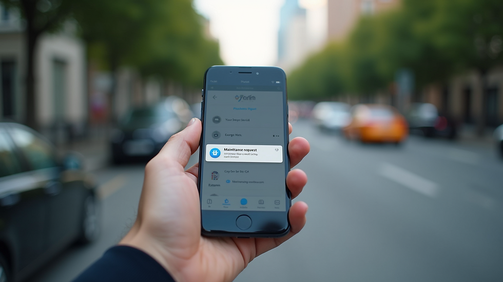 Close-up view of a smartphone displaying a maintenance request app