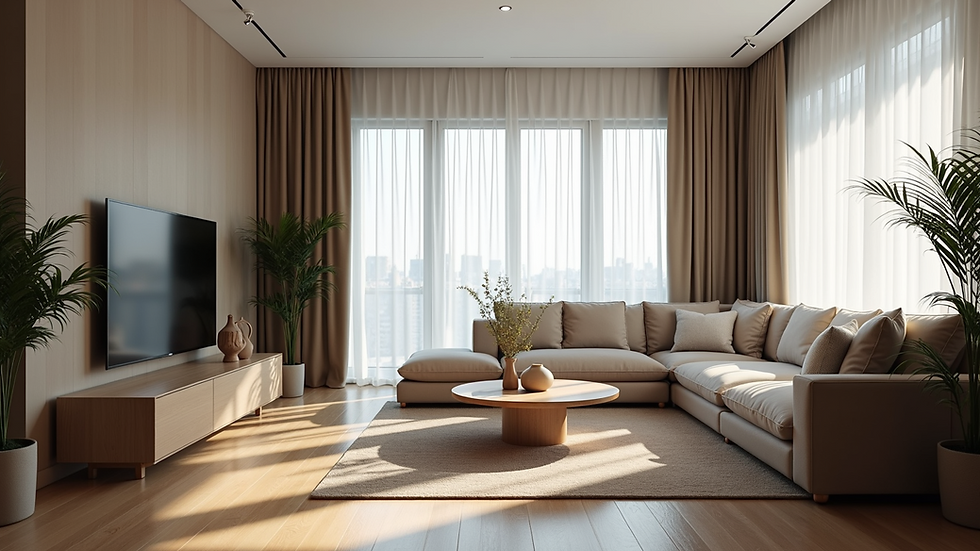 Eye-level view of a modern apartment living room with natural light