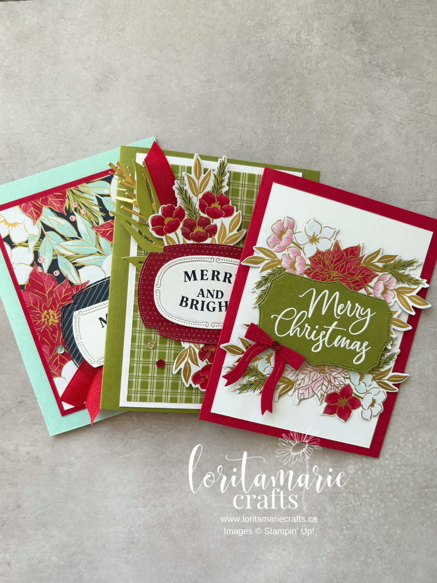 Sneak peek of Traditions of Christmas Suite Collection with festive card designs in classic holiday colours