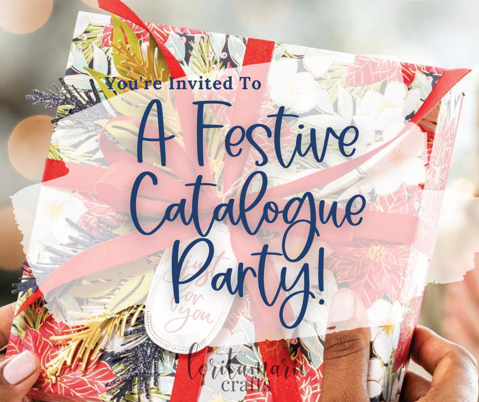 Festive Catalogue Launch Party invitation graphic with holiday decor