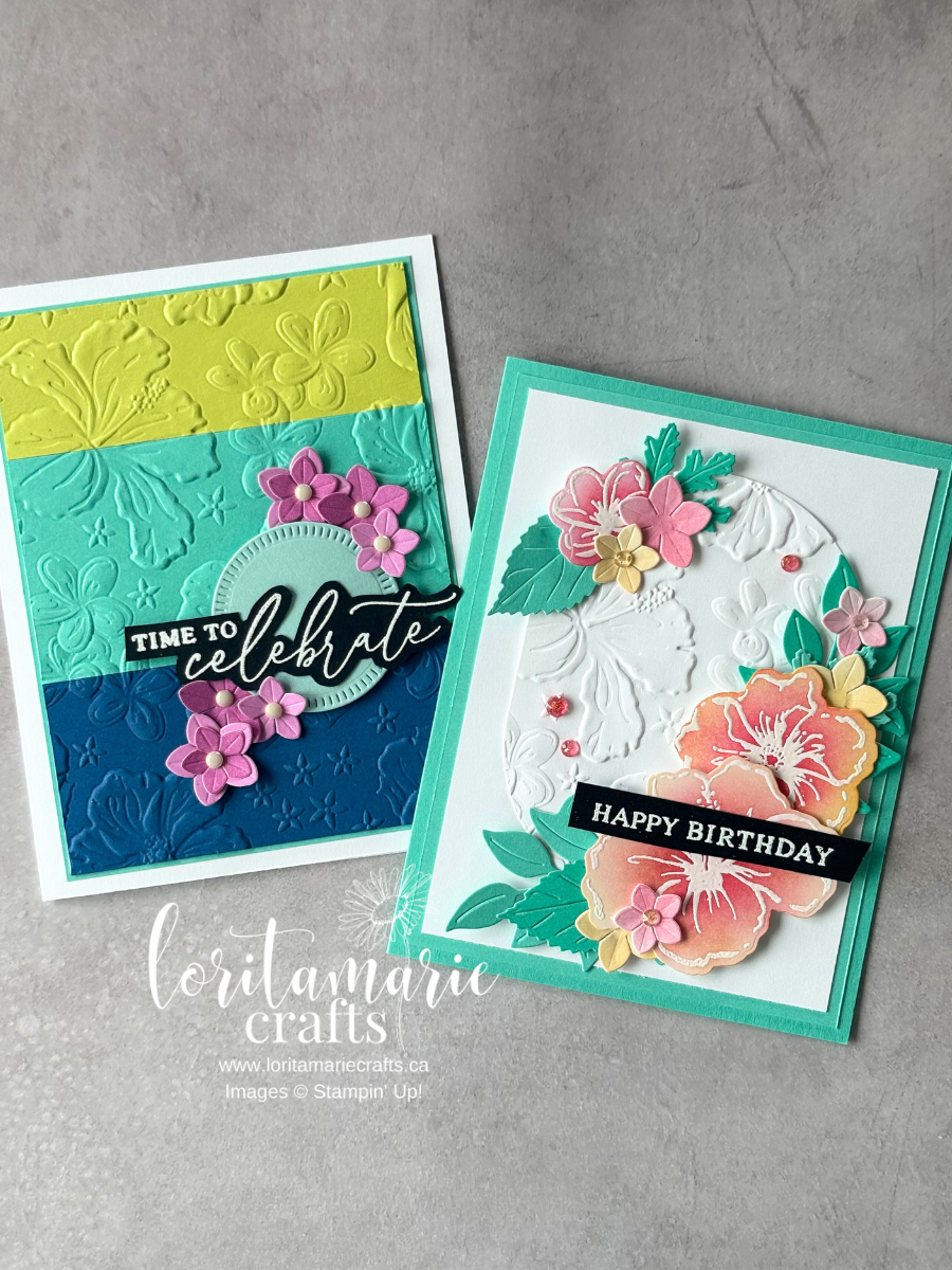 Handmade Hibiscus Cards with layered floral designs in bold, summery colours.