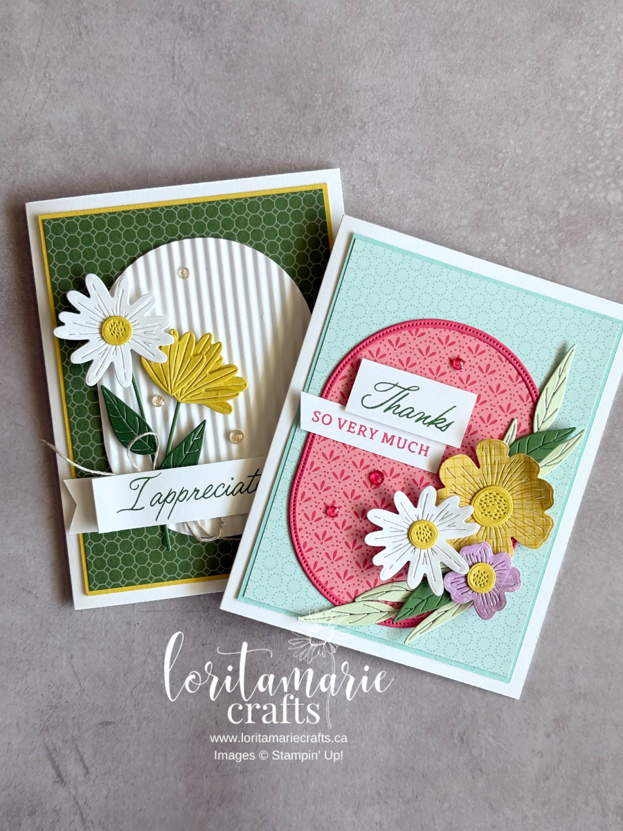 Two thank you cards featuring the Floral Impression Suite with layered floral elements and soft colours.