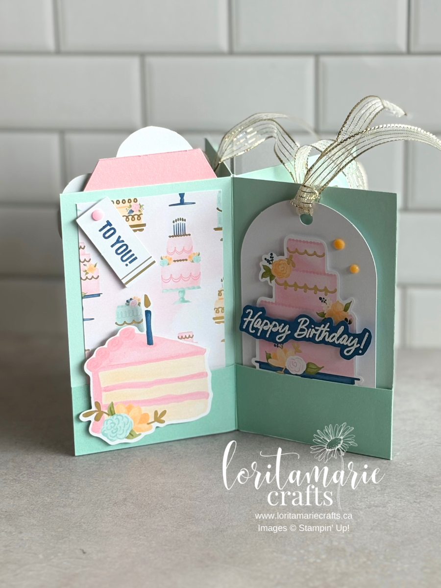 Birthday Mini Pocket Album decorated with Wildflower Birthday Designer Series Paper, shown open with pockets and tags.