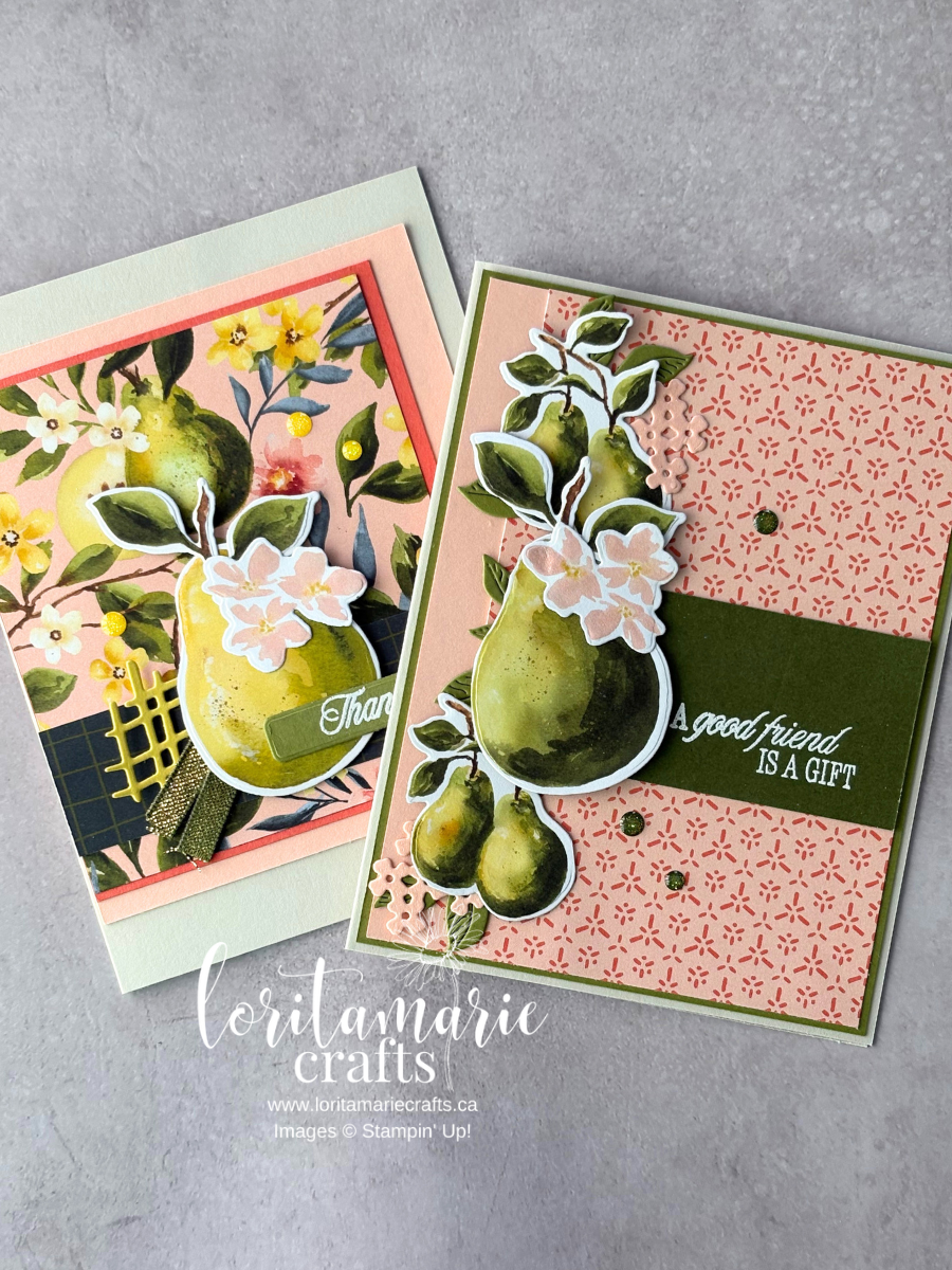 Handmade card featuring the Painterly Pears Suite Collection with layered pear images and vibrant colours.