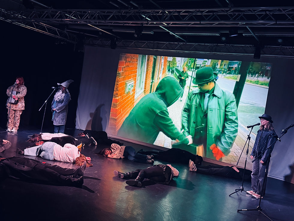 After having spoken, characters lay down on the floor in front of the audience, creating a disturbing yet satisfying image
