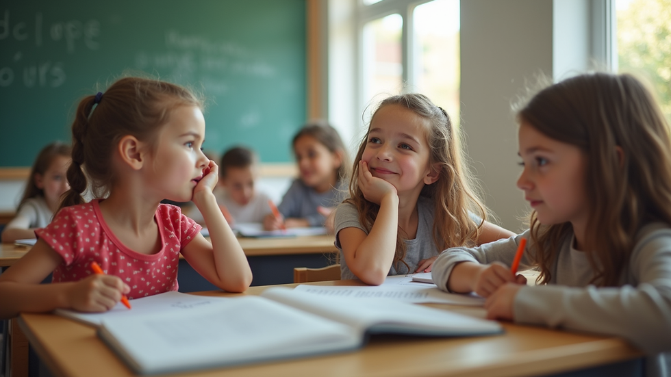Eye-level view of a classroom with children learning in two languages