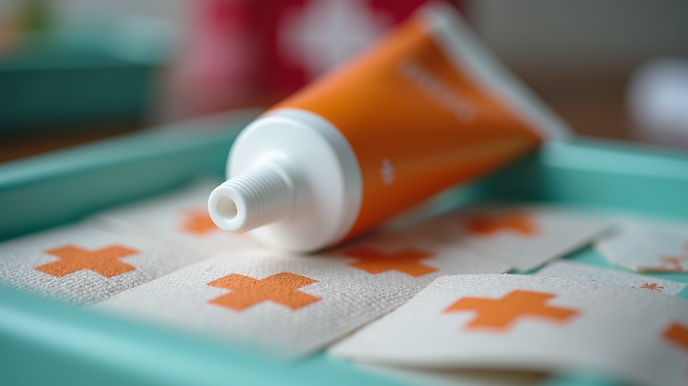 Close-up view of a first aid kit with bandages and antiseptic cream
