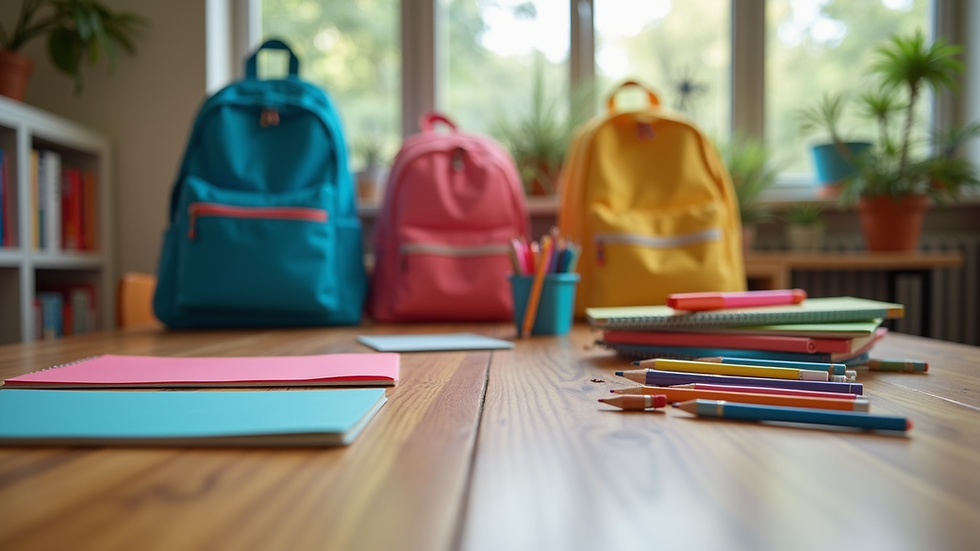Eye-level view of a colorful backpack and school supplies on a wooden table