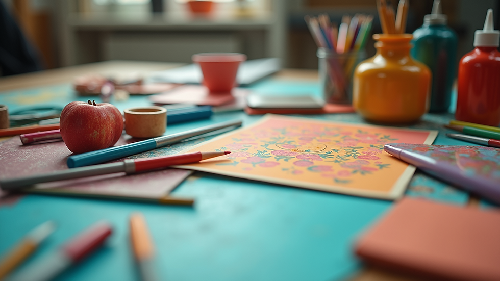 High angle view of colorful craft supplies on a table