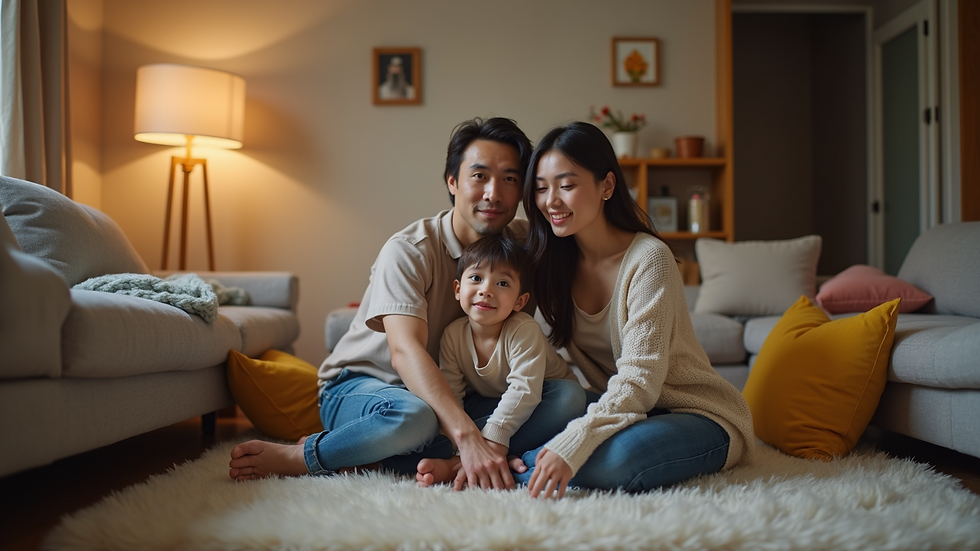 Eye-level view of a parent and child sitting together in a cozy living room