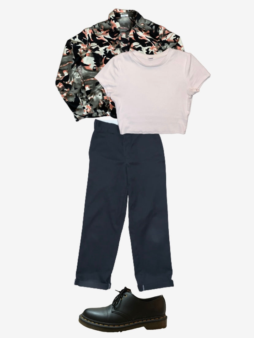 Business casual outfit with black Dickie's pants, a white t-shirt, a patterned blouse, and Dr. Marten's oxford shoes.