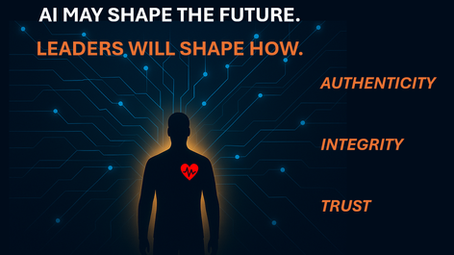 a human with a beating heart, script says leaders will shape the future using authenticity, integrity and trust