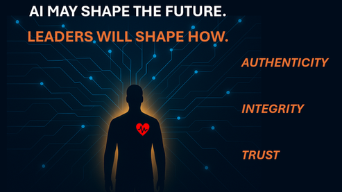 a human with a beating heart, script says leaders will shape the future using authenticity, integrity and trust
