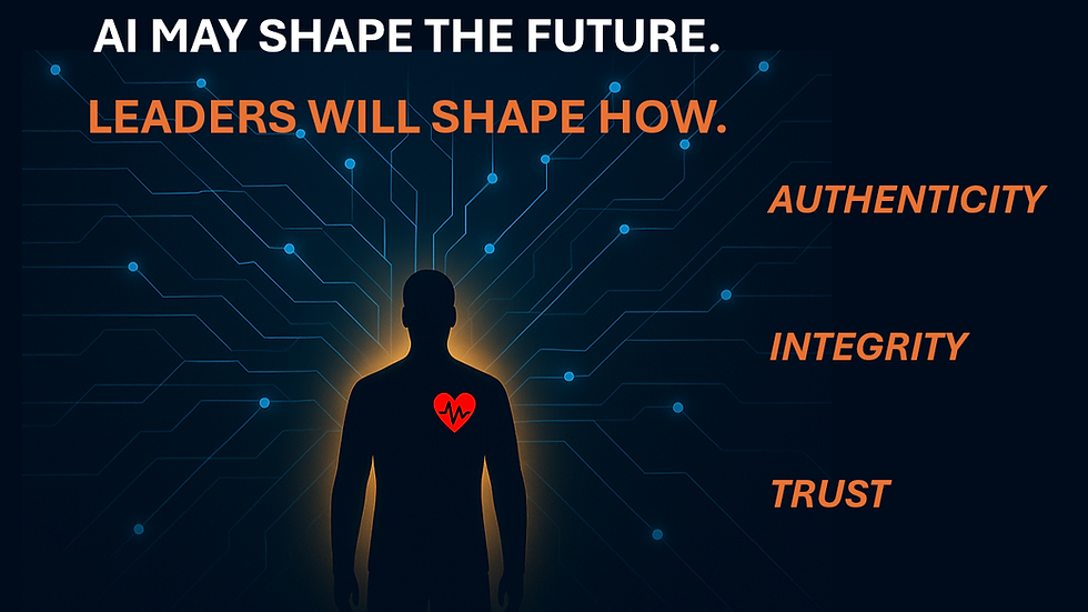 a human with a beating heart, script says leaders will shape the future using authenticity, integrity and trust