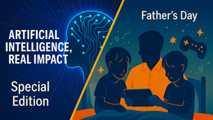 Human with a Circuit / AI brain, a father with his two sons seeing and discussing something on a tablet computer