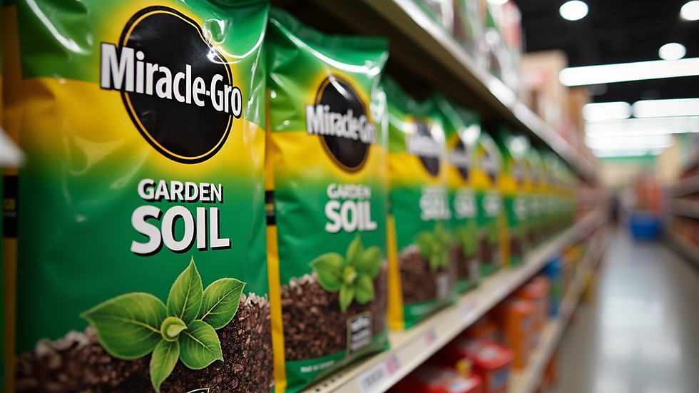 Eye-level view of bags of Miracle-Gro garden soil stacked in a store aisle