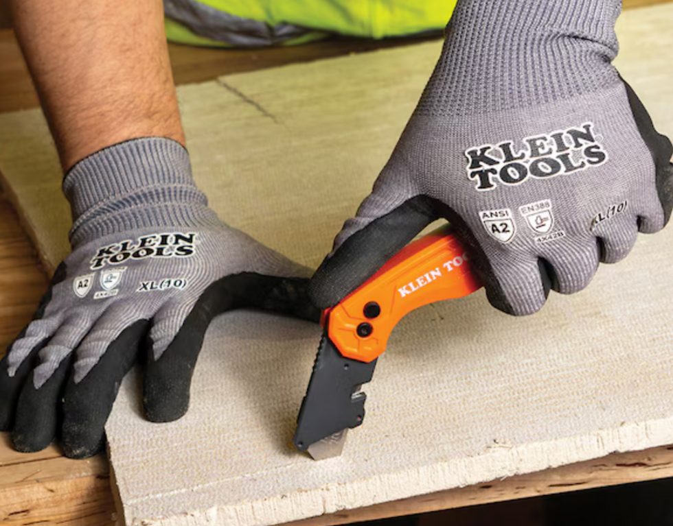 Close-up view of a Klein Tools folding utility knife
