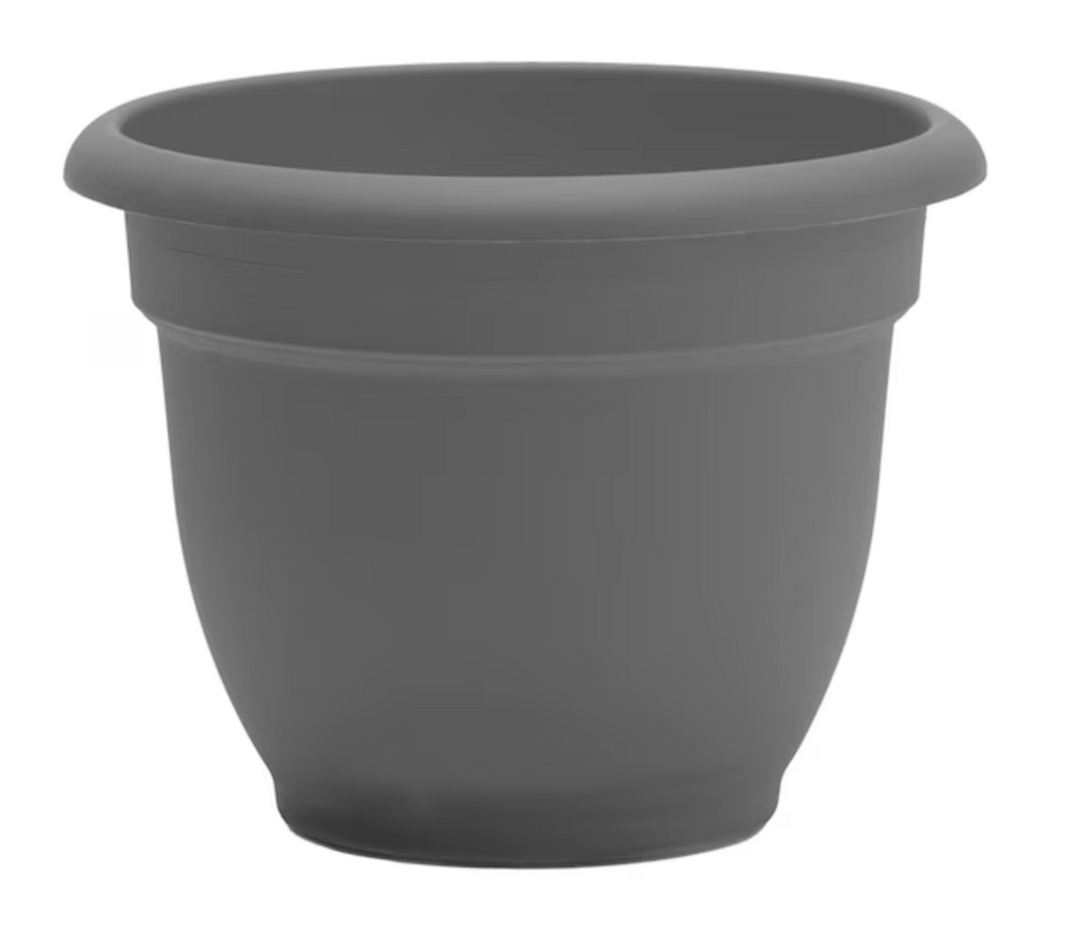 High angle view of a colorful Bloem self-watering planter with flowers