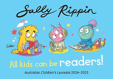 ACL 2024-2025 poster. It has three happy monsters reading, with the text "Sally Rippin. All kids can be readers.