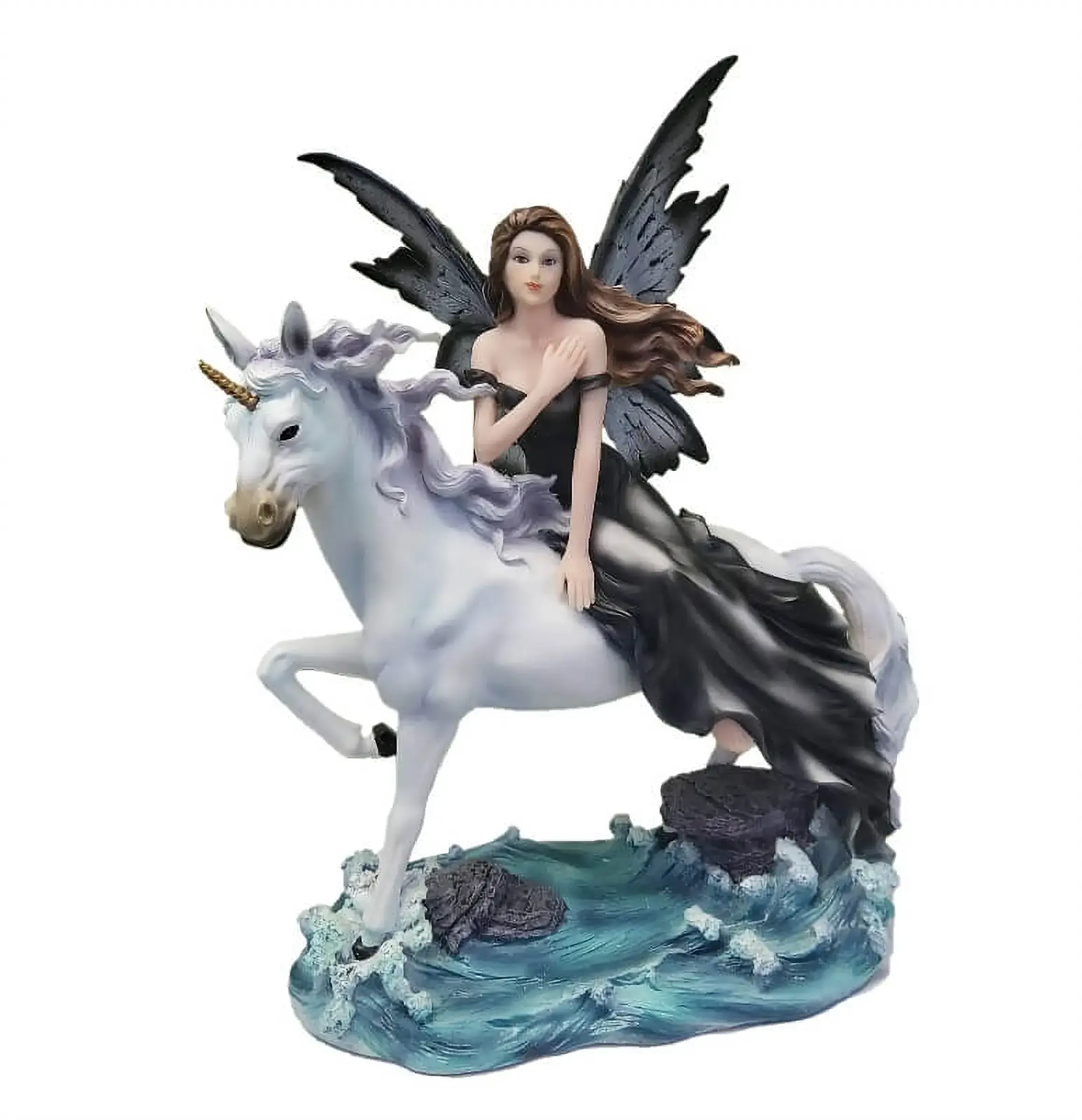 Fée en robe noire et licorne Figurine Genevieve