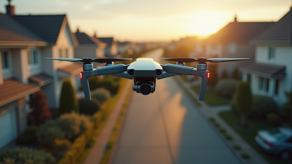 Wide angle view of a drone capturing a residential neighborhood