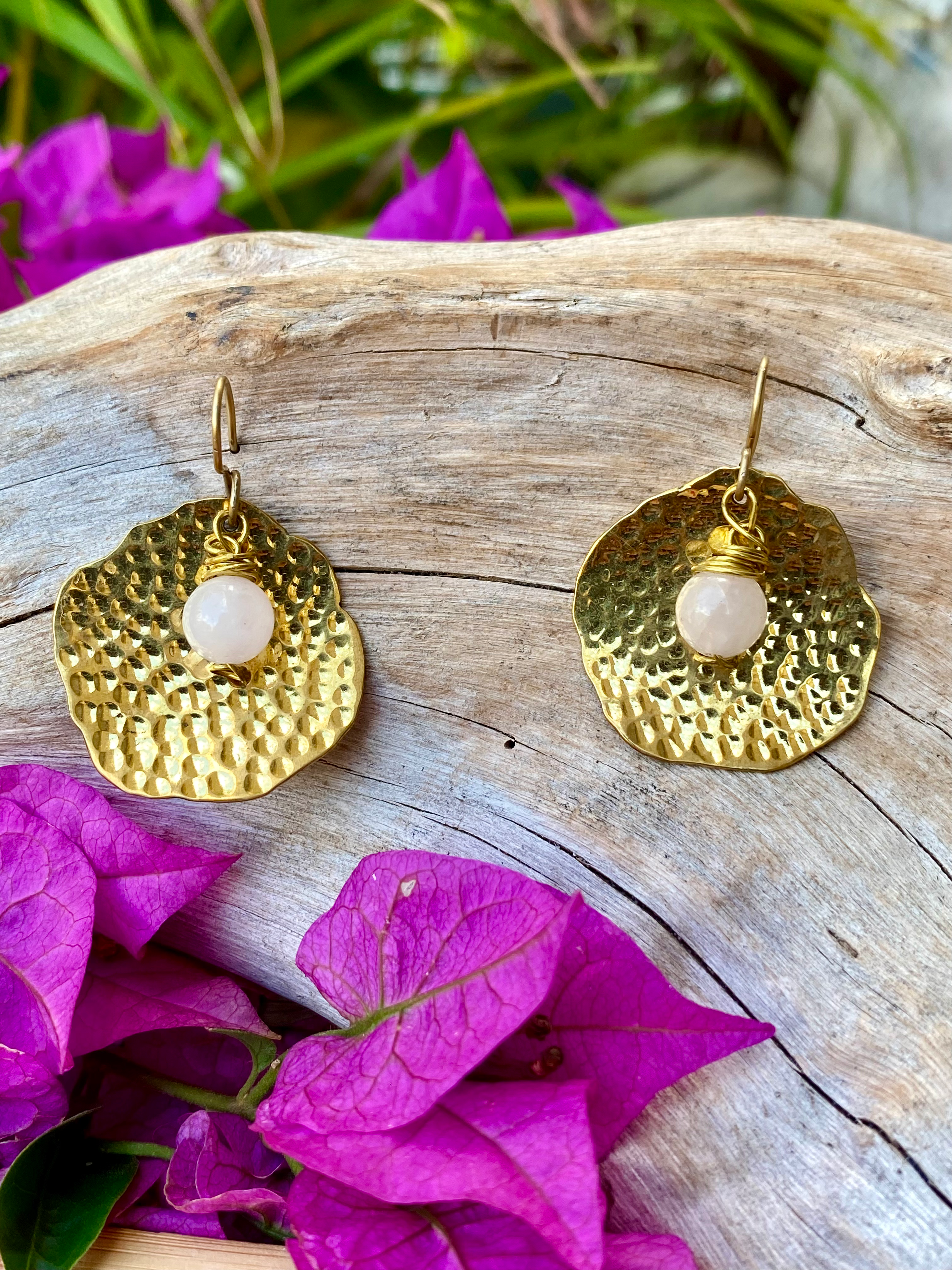 Boucles « Soleil » Laitn - 3x3cm - Quartz rose