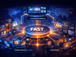 Ecosistema FAST donde un nodo central conecta plataformas de Connected TV, bibliotecas de contenido y anunciantes, mostrando cómo se distribuye el contenido y se monetiza mediante publicidad en el entorno CTV