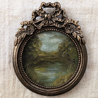 Original miniature oil painting of a moonlit woodland creek in a vintage frame by Lesja Krie