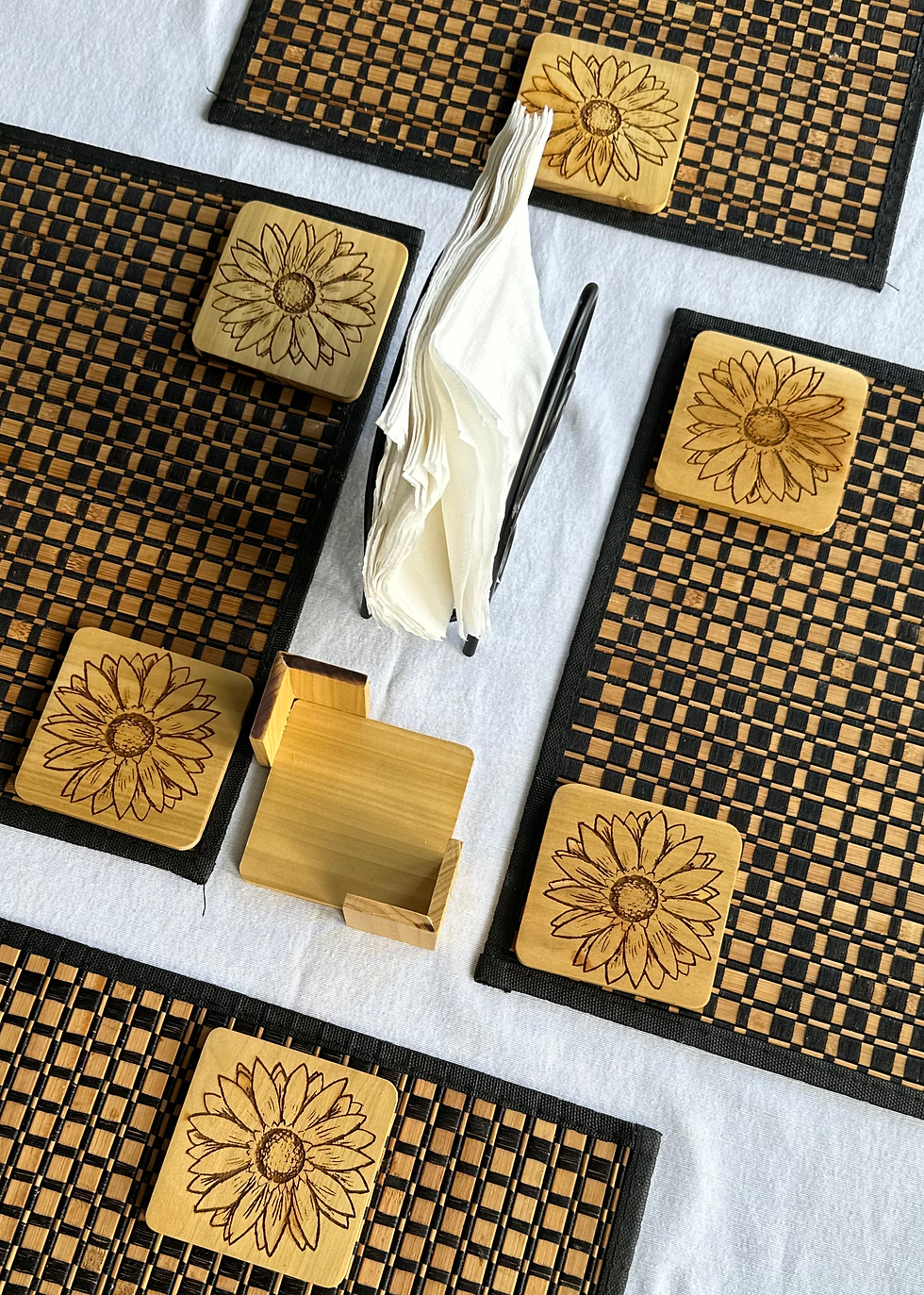 Thumbnail: Sunflower Blooms Wooden Coaster, Set of 6 with holder, Fall housewarming gift