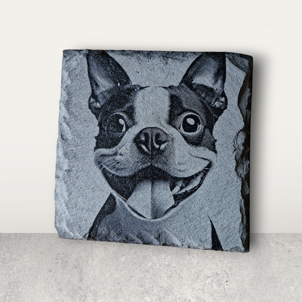 Boston Terrier dog design on a slate coaster. 
Cute Boston Terrier side-view design with tongue sticking out.