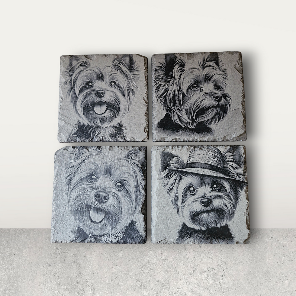 Collage display of the four Yorkshire terrier dog designs on slate coasters.