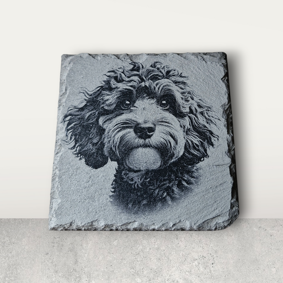 Cockapoo dog designs on slate coasters. 
Cute Cockapoo front-view design.