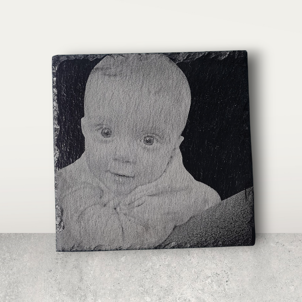 Personalised photo slate coaster with your own choice of photo engraved onto it, This example shows a baby photo.