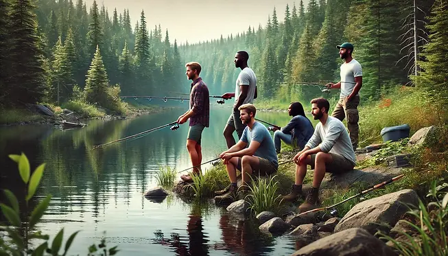 DALL·E 2024-12-06 15.37.52 - Four 25-year-old individuals fishing at the edge of a serene