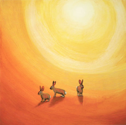 Three rabbits sit amongst a bright orange to raw sienna atmosphere, with light yellow circular sky that narrows in the upper part of the image into a circular sun.