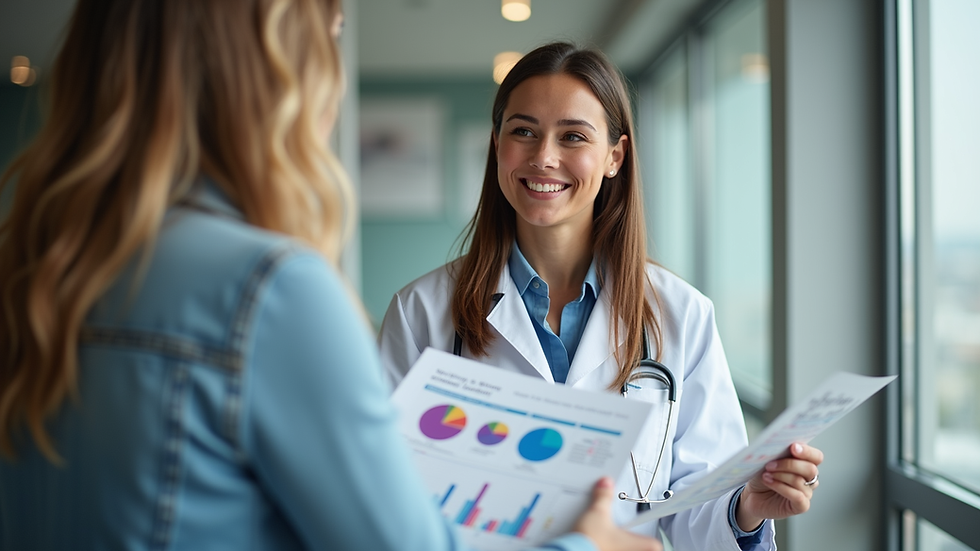 Eye-level view of a dietitian consulting a client with nutrition charts