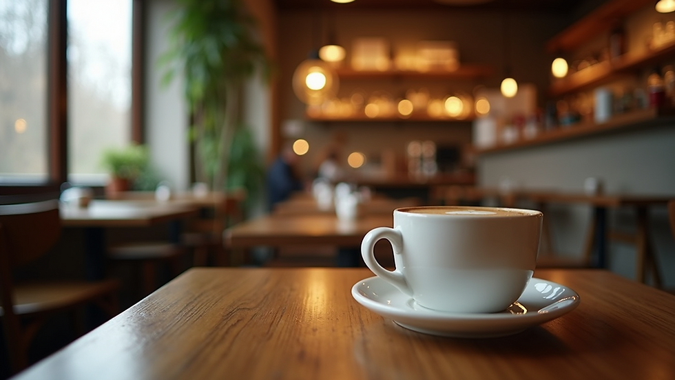 Eye-level view of a cosy cafe interior with wooden tables and soft lighting