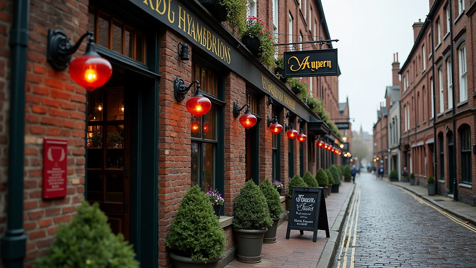 Eye-level view of historic tavern exterior with vintage brick facade