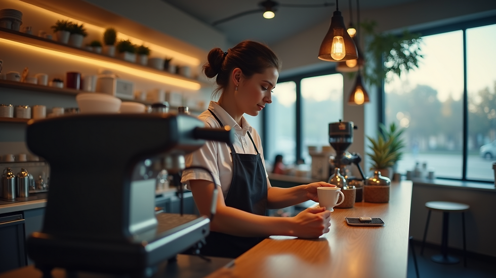 High angle view of a barista preparing coffee behind the counter