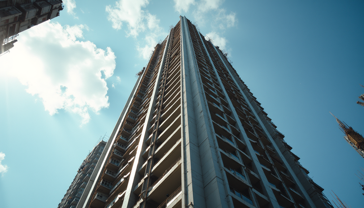 Eye-level view of a modern high-rise condo building under construction