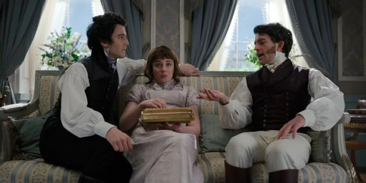 From left to right: Luke Thompson as Benedict Bridgerton; Claudia Jessie as Eloise Bridgerton; and Jonathan Bailey as Anthony Bridgerton.