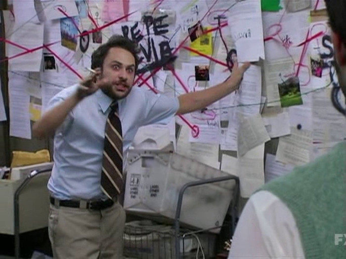 Meme of man standing in front of evidence board.