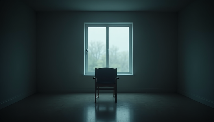 Eye-level view of a dimly lit room with a single chair facing a blurred window