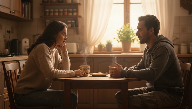 Eye-level view of two friends talking at a kitchen table with warm light