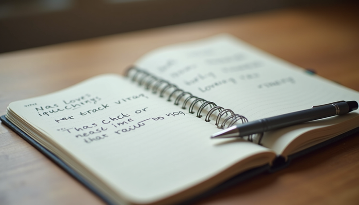 Close-up view of a notebook with handwritten notes and a pen on a wooden table