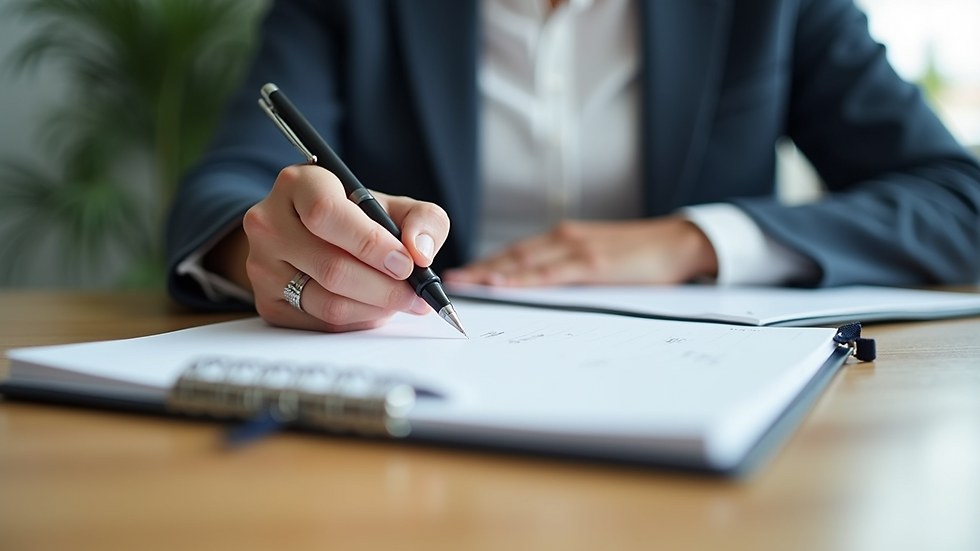 Close-up view of a therapist’s office with a notebook and pen ready for session notes