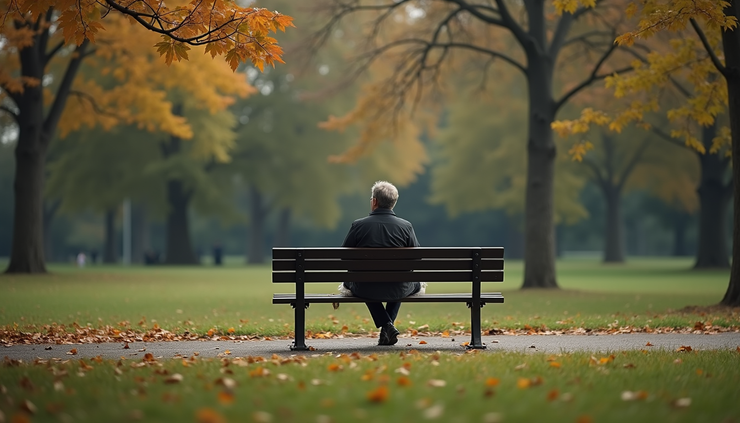 Eye-level view of a person sitting alone on a park bench, reflecting on their emotions